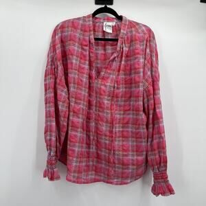 Finley Shirt Womens Large Pink Bubble Plaid Ruffle Cuff V Neck Made USA Blouse
